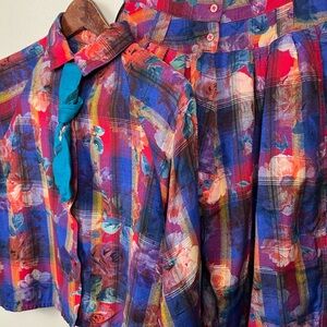 Vintage René Derhy Paris Two-Piece Set – Floral Plaid Top & Harem Pants – XS/S
